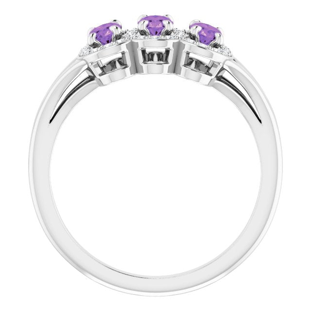 14K Gold Oval Natural Amethyst & Natural Diamond Halo-Style Three-Stone Ring - White Gold - view 2