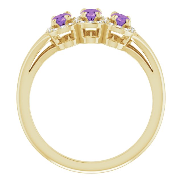 14K Gold Oval Natural Amethyst & Natural Diamond Halo-Style Three-Stone Ring - Yellow Gold - view 2