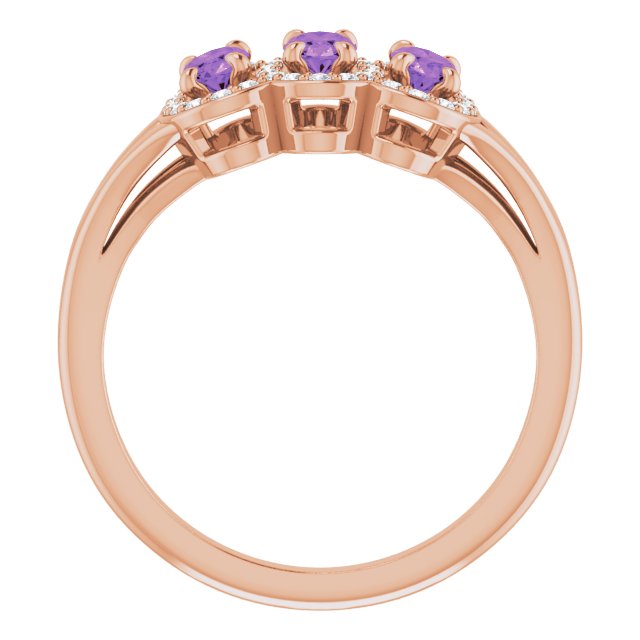14K Gold Oval Natural Amethyst & Natural Diamond Halo-Style Three-Stone Ring - Rose Gold - view 2