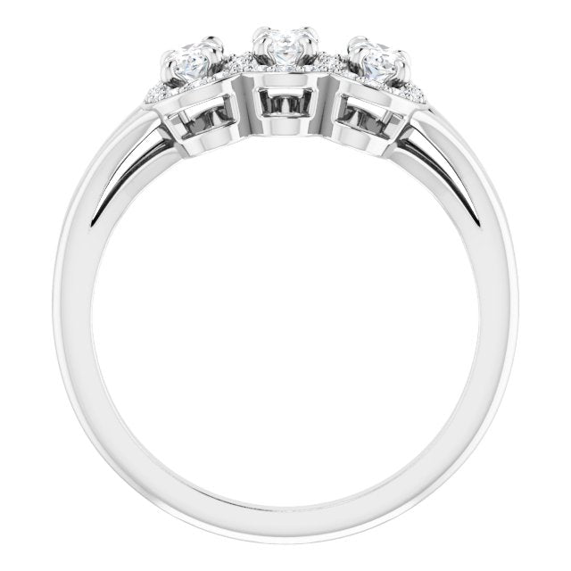 14K Gold Oval Natural White Sapphire & Natural Diamond Halo-Style Three-Stone Ring - White Gold - view 2