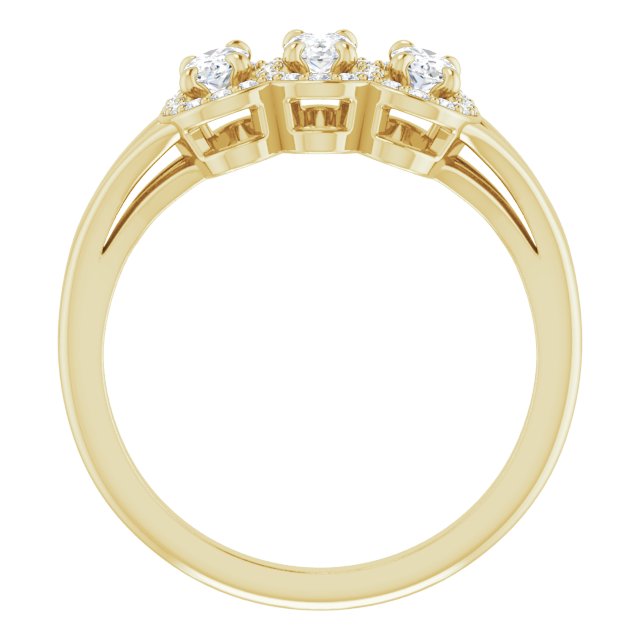 14K Gold Oval Natural White Sapphire & Natural Diamond Halo-Style Three-Stone Ring - Yellow Gold - view 2