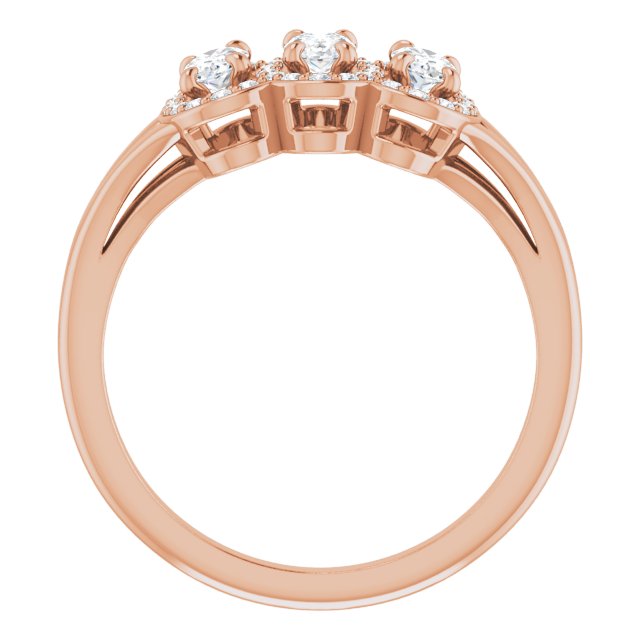 14K Gold Oval Natural White Sapphire & Natural Diamond Halo-Style Three-Stone Ring - Rose Gold - view 2