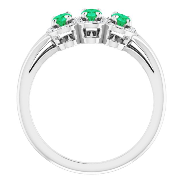 14K Gold Oval Lab-Grown Emerald & Natural Diamond Halo-Style Three-Stone Ring - White Gold - view 2