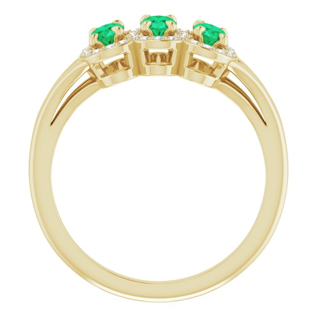 14K Gold Oval Natural Emerald & Natural Diamond Halo-Style Three-Stone Ring - Yellow Gold - view 2