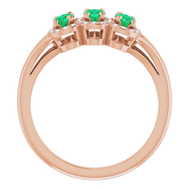14K Gold Oval Lab-Grown Emerald & Natural Diamond Halo-Style Three-Stone Ring - Rose Gold - view 2