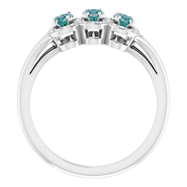 Platinum Oval Lab-Grown Alexandrite & Natural Diamond Halo-Style Three-Stone Ring - view 2