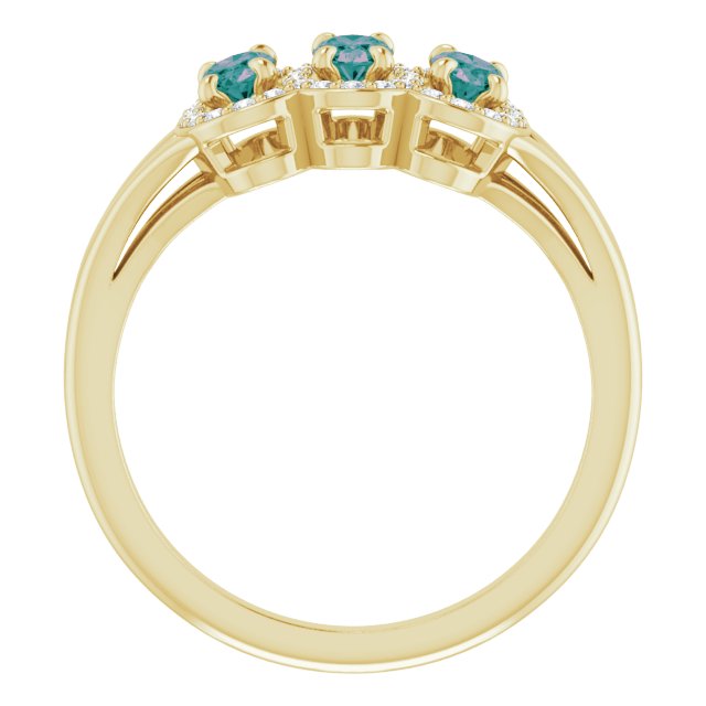 14K Gold Oval Lab-Grown Alexandrite & Natural Diamond Halo-Style Three-Stone Ring - Yellow Gold - view 2