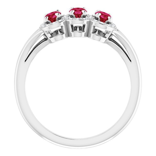 Platinum Oval Lab-Grown Ruby & Natural Diamond Halo-Style Three-Stone Ring - view 2