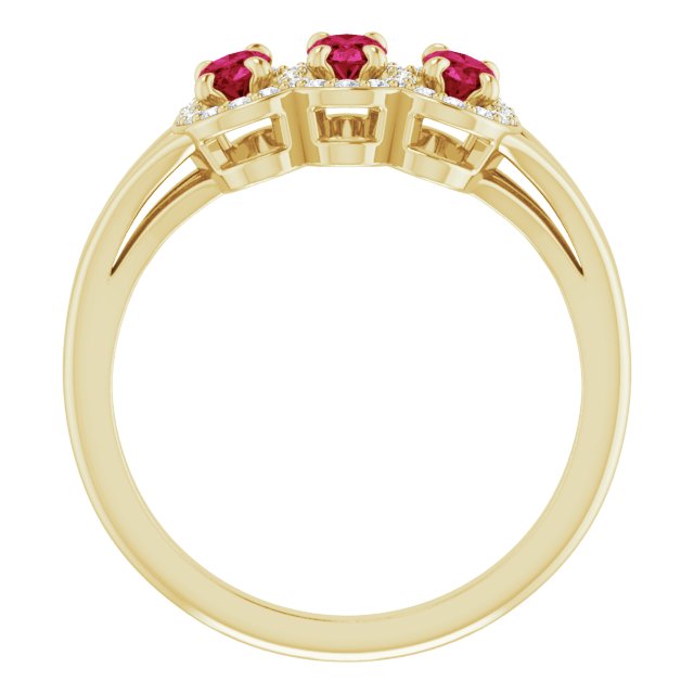 14K Gold Oval Lab-Grown Ruby & Natural Diamond Halo-Style Three-Stone Ring - Yellow Gold - view 2
