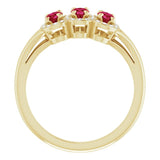 14K Gold Oval Natural Ruby & Natural Diamond Halo-Style Three-Stone Ring - Yellow Gold - view 2