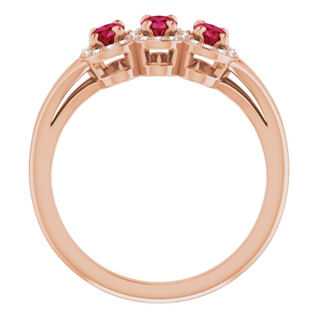 14K Gold Oval Lab-Grown Ruby & Natural Diamond Halo-Style Three-Stone Ring - Rose Gold - view 2