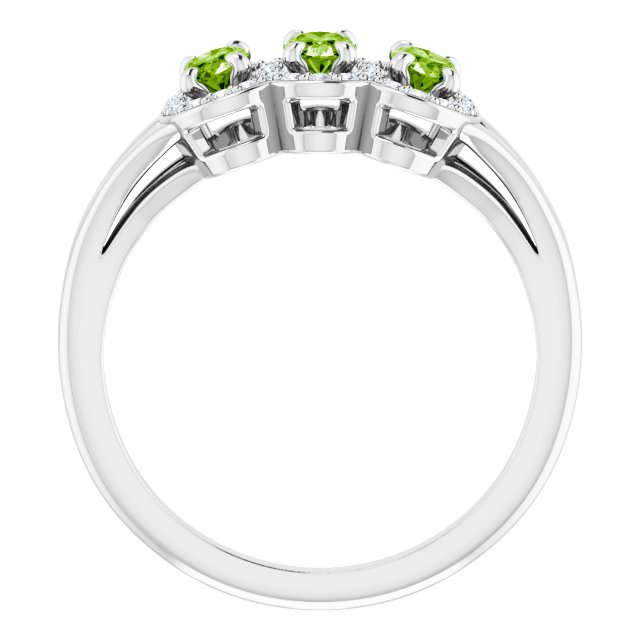 14K Gold Oval Natural Peridot & Natural Diamond Halo-Style Three-Stone Ring - White Gold - view 2