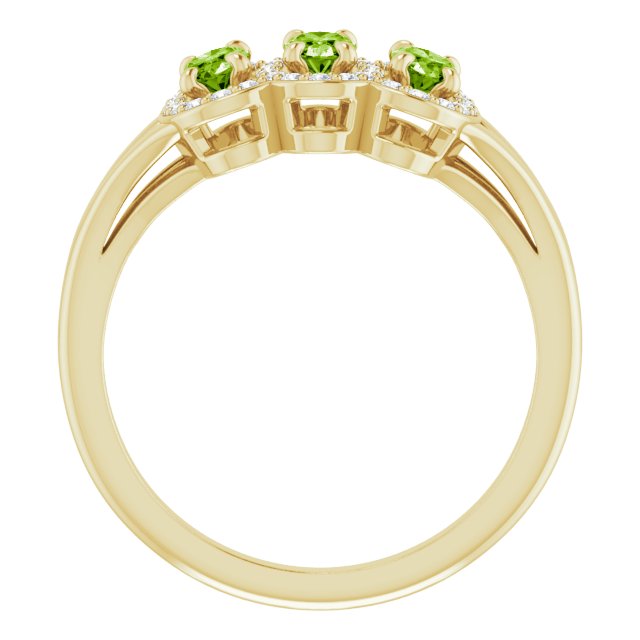 14K Gold Oval Natural Peridot & Natural Diamond Halo-Style Three-Stone Ring - Yellow Gold - view 2