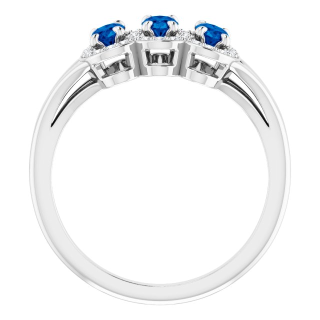 14K Gold Oval Natural Blue Sapphire & Natural Diamond Halo-Style Three-Stone Ring - White Gold - view 2