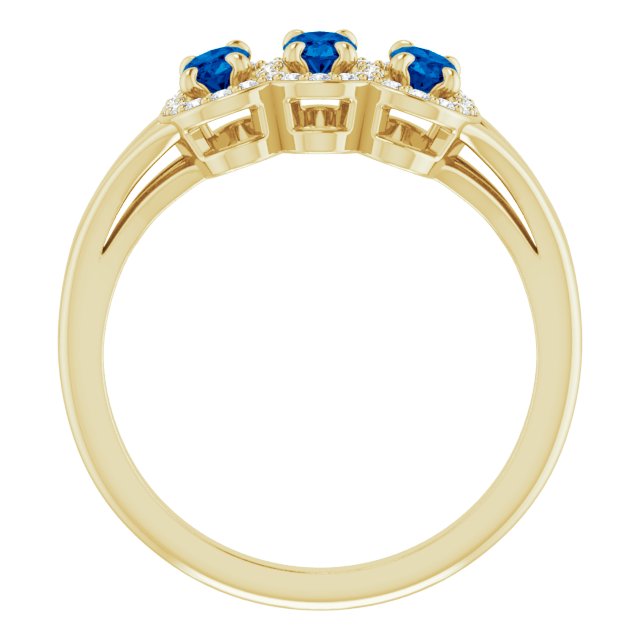 14K Gold Oval Lab-Grown Blue Sapphire & Natural Diamond Halo-Style Three-Stone Ring - Yellow Gold - view 2