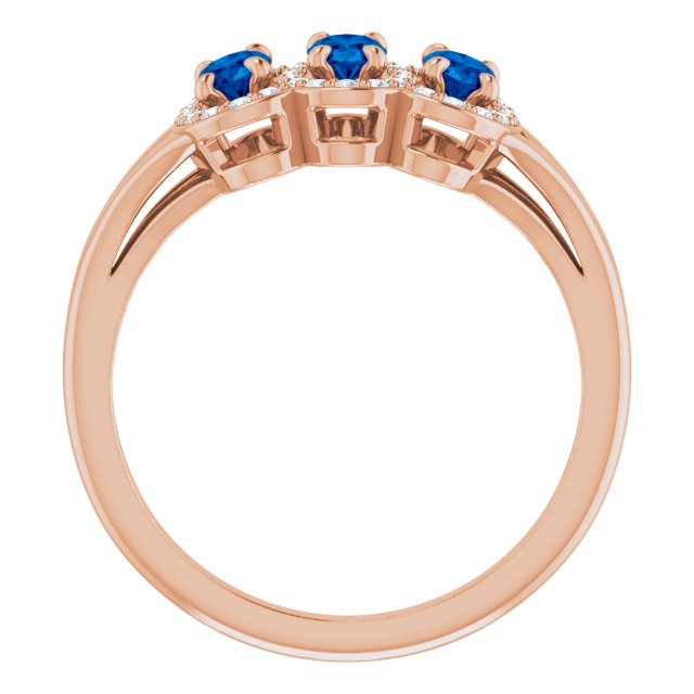 14K Gold Oval Lab-Grown Blue Sapphire & Natural Diamond Halo-Style Three-Stone Ring - Rose Gold - view 2