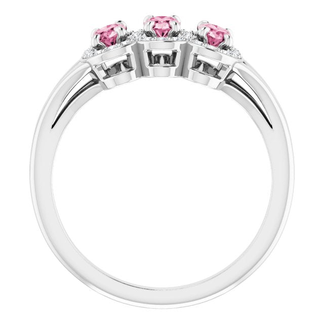 Platinum Oval Natural Pink Tourmaline & Natural Diamond Halo-Style Three-Stone Ring - view 2