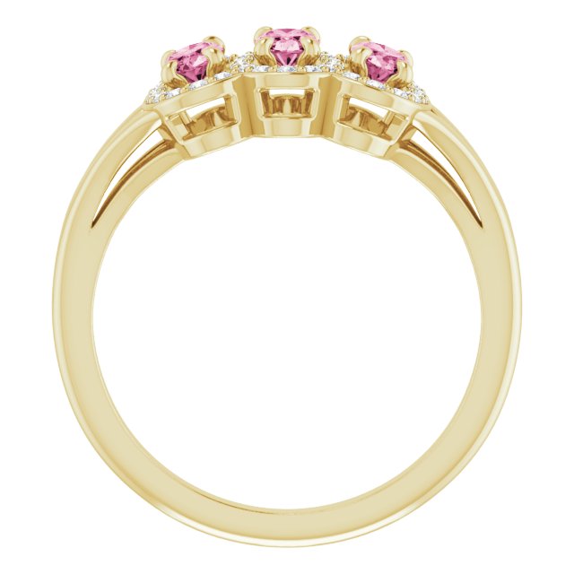 14K Gold Oval Natural Pink Tourmaline & Natural Diamond Halo-Style Three-Stone Ring - Yellow Gold - view 2