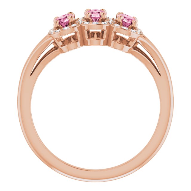 14K Gold Oval Natural Pink Tourmaline & Natural Diamond Halo-Style Three-Stone Ring - Rose Gold - view 2