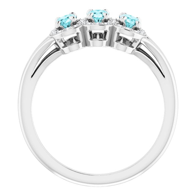 Platinum Oval Natural Blue Zircon & Natural Diamond Halo-Style Three-Stone Ring - view 2