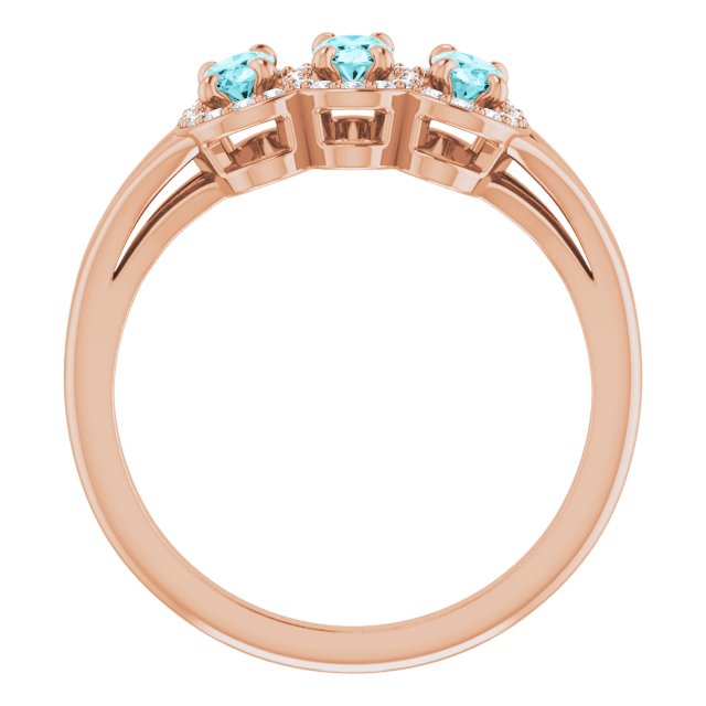 14K Gold Oval Natural Blue Zircon & Natural Diamond Halo-Style Three-Stone Ring - Rose Gold - view 2