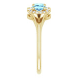 14K Gold Oval Natural Aquamarine & Natural Diamond Halo-Style Three-Stone Ring - Yellow Gold - view 4