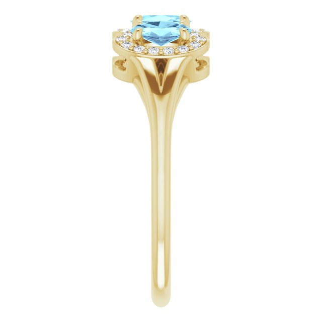 14K Gold Oval Natural Aquamarine & Natural Diamond Halo-Style Three-Stone Ring - Yellow Gold - view 4