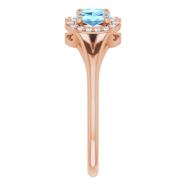 14K Gold Oval Natural Aquamarine & Natural Diamond Halo-Style Three-Stone Ring - Rose Gold - view 4