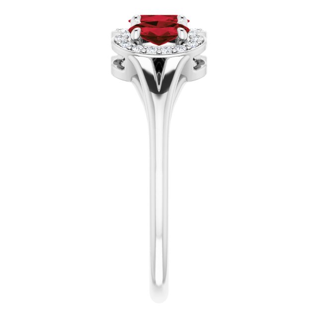 14K Gold Oval Natural Mozambique Garnet & Natural Diamond Halo-Style Three-Stone Ring – 5x3mm - White Gold - view 4