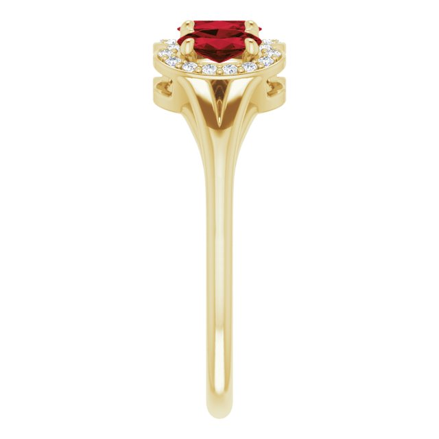 14K Gold Oval Natural Mozambique Garnet & Natural Diamond Halo-Style Three-Stone Ring – 5x3mm - Yellow Gold - view 4