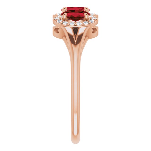 14K Gold Oval Natural Mozambique Garnet & Natural Diamond Halo-Style Three-Stone Ring – 5x3mm - Rose Gold - view 4
