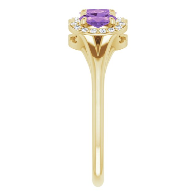 14K Gold Oval Natural Amethyst & Natural Diamond Halo-Style Three-Stone Ring - Yellow Gold - view 4