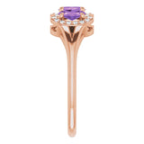 14K Gold Oval Natural Amethyst & Natural Diamond Halo-Style Three-Stone Ring - Rose Gold - view 4