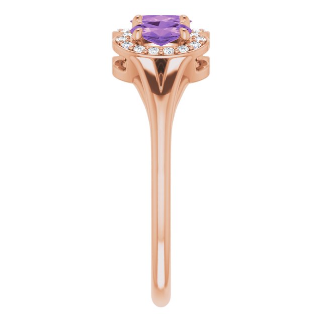 14K Gold Oval Natural Amethyst & Natural Diamond Halo-Style Three-Stone Ring - Rose Gold - view 4
