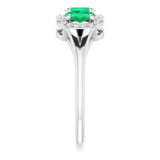 Platinum Oval Lab-Grown Emerald & Natural Diamond Halo-Style Three-Stone Ring - view 4