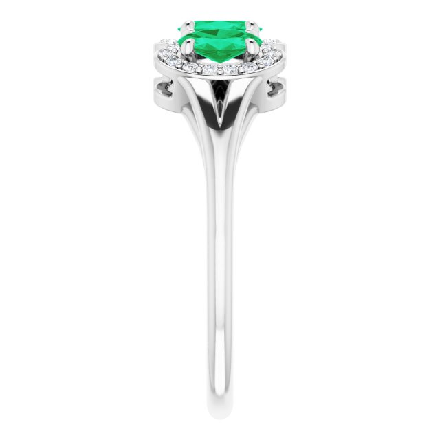Platinum Oval Lab-Grown Emerald & Natural Diamond Halo-Style Three-Stone Ring - view 4