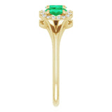 14K Gold Oval Lab-Grown Emerald & Natural Diamond Halo-Style Three-Stone Ring - Yellow Gold - view 4