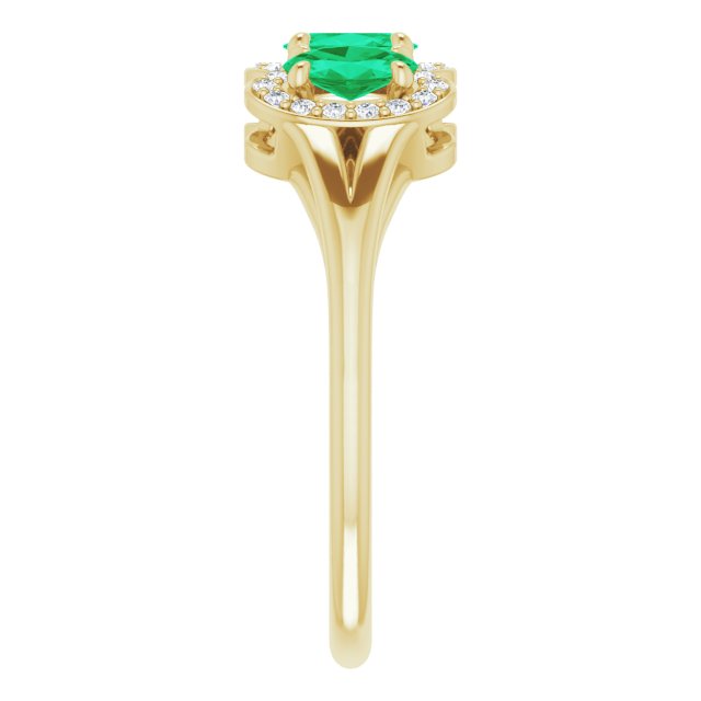 14K Gold Oval Lab-Grown Emerald & Natural Diamond Halo-Style Three-Stone Ring - Yellow Gold - view 4