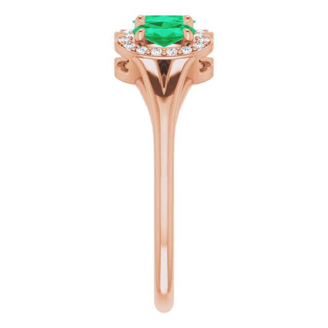 14K Gold Oval Lab-Grown Emerald & Natural Diamond Halo-Style Three-Stone Ring - Rose Gold - view 4