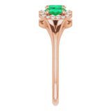 14K Gold Oval Natural Emerald & Natural Diamond Halo-Style Three-Stone Ring - Rose Gold - view 4