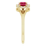 14K Gold Oval Lab-Grown Ruby & Natural Diamond Halo-Style Three-Stone Ring - Yellow Gold - view 4