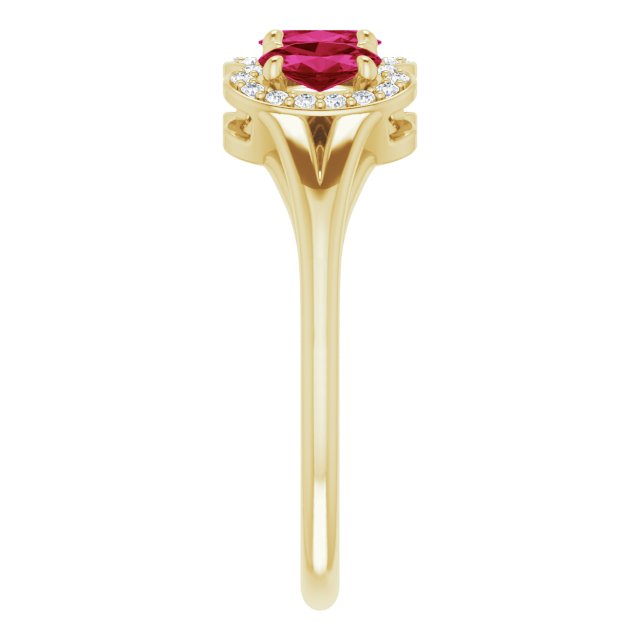 14K Gold Oval Natural Ruby & Natural Diamond Halo-Style Three-Stone Ring - Yellow Gold - view 4