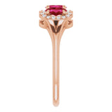 14K Gold Oval Lab-Grown Ruby & Natural Diamond Halo-Style Three-Stone Ring - Rose Gold - view 4