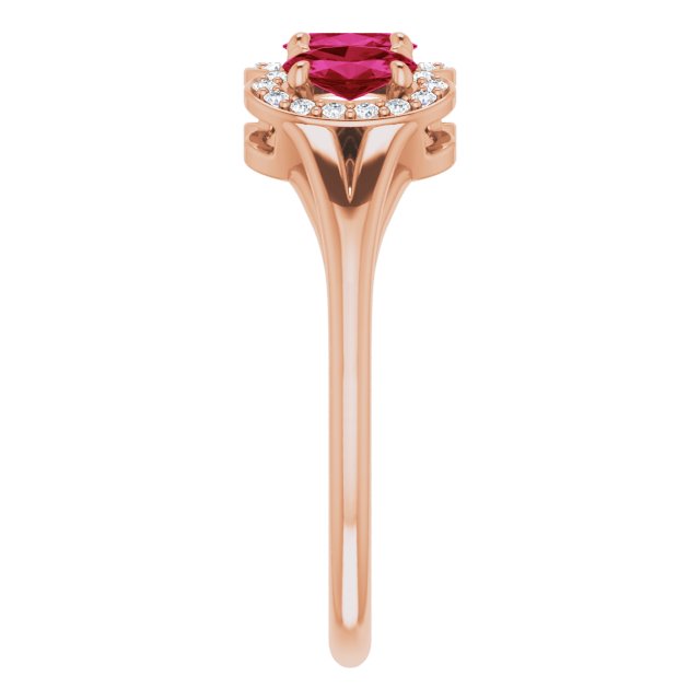 14K Gold Oval Lab-Grown Ruby & Natural Diamond Halo-Style Three-Stone Ring - Rose Gold - view 4