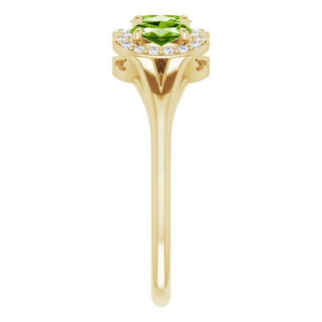 14K Gold Oval Natural Peridot & Natural Diamond Halo-Style Three-Stone Ring - Yellow Gold - view 4