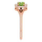 14K Gold Oval Natural Peridot & Natural Diamond Halo-Style Three-Stone Ring - Rose Gold - view 4
