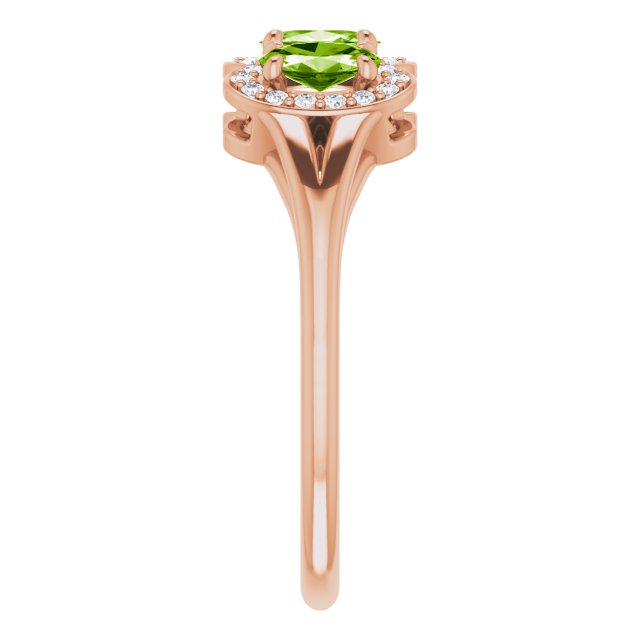 14K Gold Oval Natural Peridot & Natural Diamond Halo-Style Three-Stone Ring - Rose Gold - view 4