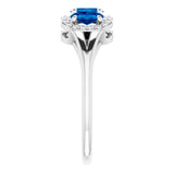 Platinum Oval Lab-Grown Blue Sapphire & Natural Diamond Halo-Style Three-Stone Ring - view 4