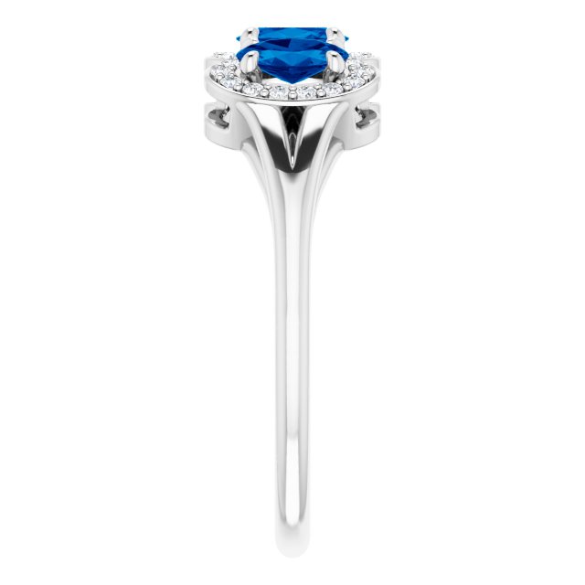 14K Gold Oval Lab-Grown Blue Sapphire & Natural Diamond Halo-Style Three-Stone Ring - White Gold - view 4