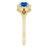 14K Gold Oval Lab-Grown Blue Sapphire & Natural Diamond Halo-Style Three-Stone Ring - Yellow Gold - view 4